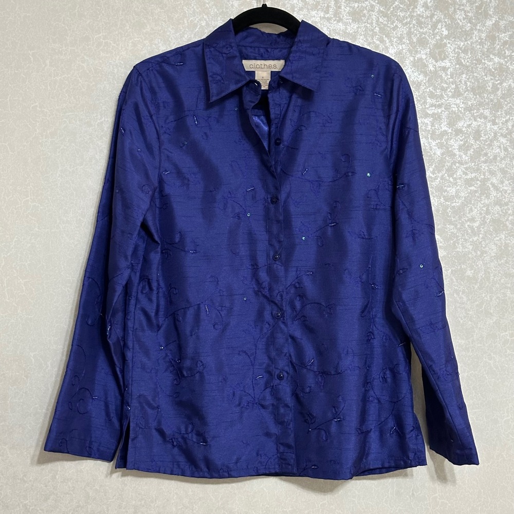 C.l.o.t.h.e.s. Vintage Blue Embroidered‎ Blouse Long Sleeve Button Down Top S
